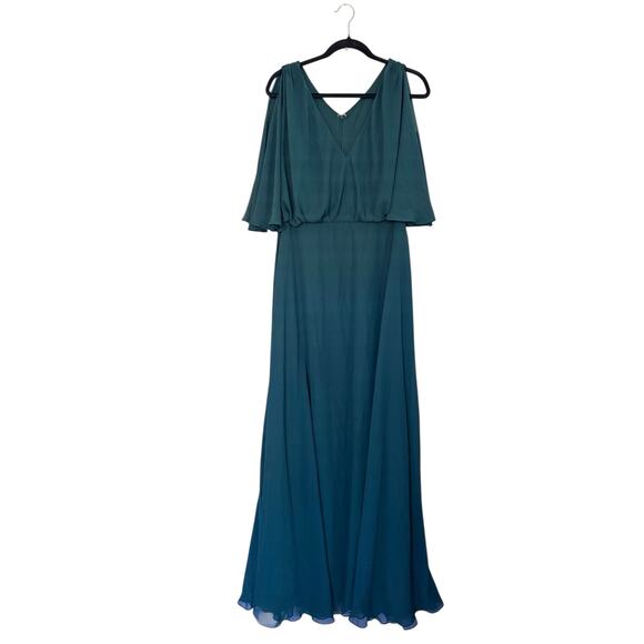 NWOT After Six Split Blouson Sleeve Maxi Gown Women’s Chiffon Evergreen 14 - Picture 2 of 7